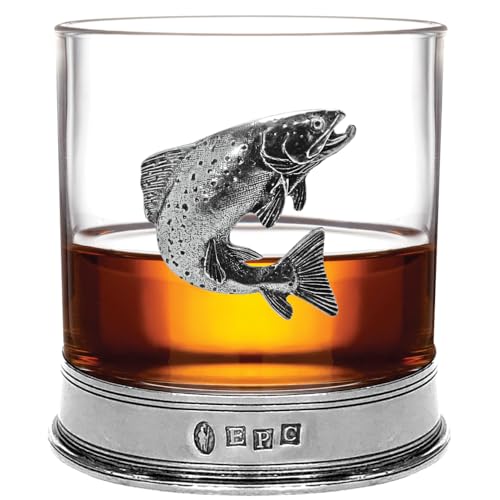 Old Fashioned Whisky Glass with Pewter Trout Badge – 11oz Rum Rocks Glass