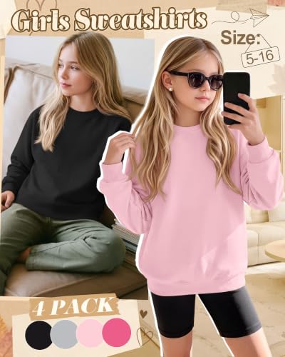 Girls' Crew Neck Long Sleeve Sweatshirt Set - 5-6 Years, Rose Red Pink Light Gray Black, 4 Pack
