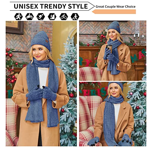 Women's Winter Knit Hat Beanie Scarf Gloves Set - One Size Blue