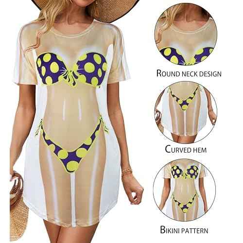 elescat Women's Beach Cover Up Bikini Printed Short Sleeve Tshirt Dress Baggy Cute Coverups