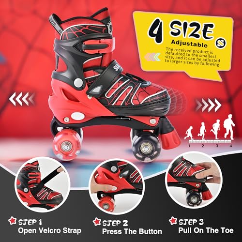 Kids Adjustable Light-Up Roller Skates - Spider Red, Small Size