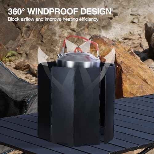 REDCAMP 9.5" High Folding Outdoor Stove Windscreen, 10 Plates Aluminum Camping Stove Windshield with Carrying bag, Lightweight Butane Burner Windshield, Black