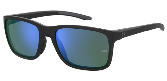 UA Hustle Rectangular Sunglasses, Shiny Black Frame w/Tuned Blue-Green Lenses