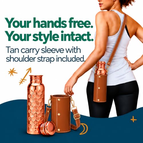 Copper Water Bottle with Leather Sling - 34oz Ayurvedic Honeycomb Design, Tan Brown