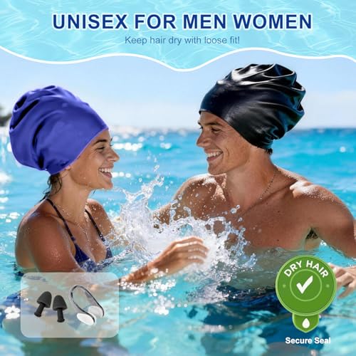 Extra Large Waterproof Swim Cap for Braids Dreadlocks & Curly Hair - Black & Blue