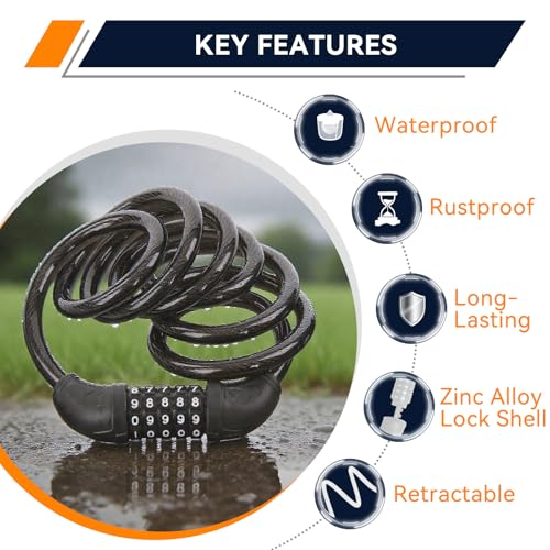 SEPOX 6FT Retractable Bike Lock with 5-Digit Combination and Bracket - 2 Pack - Variation 2/5 Digits-6 Feet