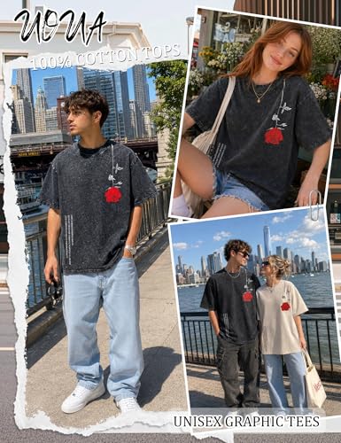 Men's Oversized Graphic T-Shirt - Washed Short Sleeve Tee Large Rose-Black