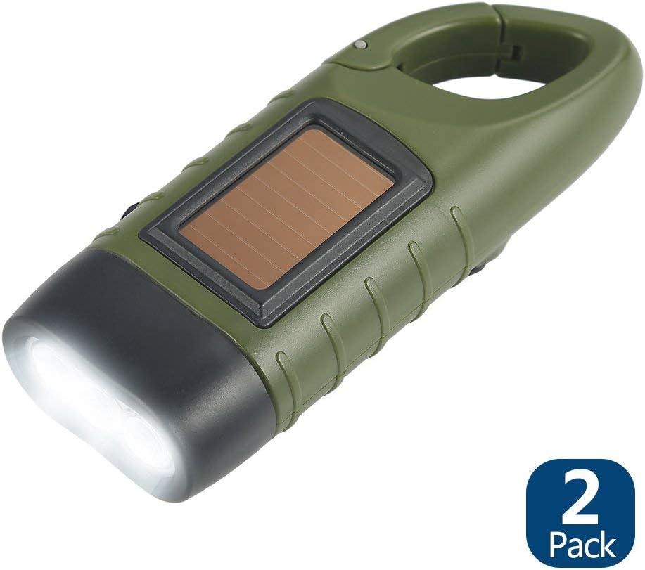 Simpeak 2-Pack Hand Crank Solar Powered LED Flashlight, Emergency Survival Flashlight Torch for Outdoor Sports, Green