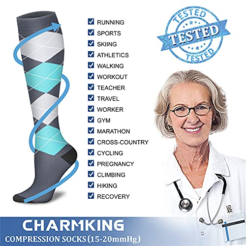 CHARMKING Compression Socks for Women & Men 8 Pairs 15-20 mmHg Athletic Support - Large-X-Large, Black & Blue