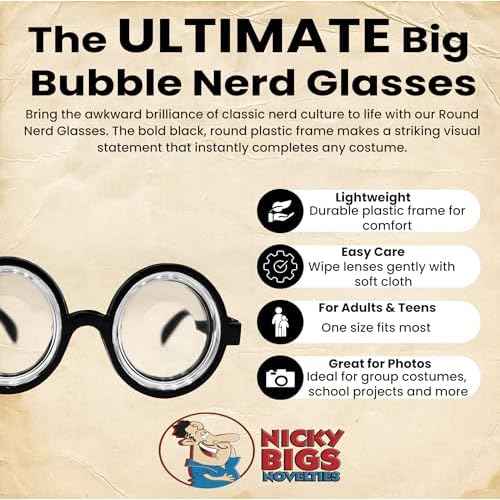 Nicky Bigs Novelties Adult Round Bubble Thick Lensed Nerd Eye Glasses Geek Specs Fake Plastic Costume Prop
