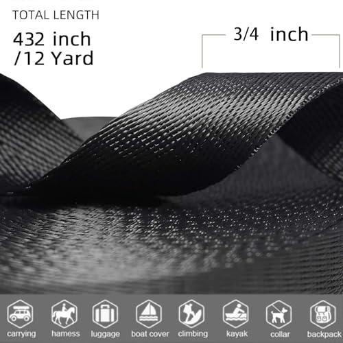 Black Nylon Webbing Strap 3/4 Inch x 12 Yards Heavy Duty DIY Webbing for Pet Collars & Gear
