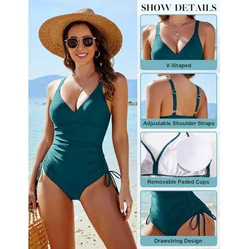 Women's One Piece Swimsuits Tummy Control Bathing Suits Sexy V Neck Push Up Slimming Swimwear with Side Drawstrings