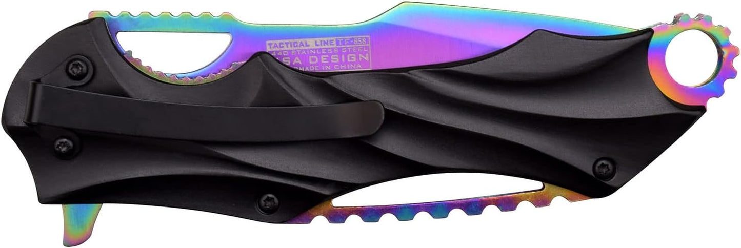 Tac-Force Folding Pocket Knife –Rainbow TiNite Coated Stainless Steel Blade and Liner with Black Aluminum Handle, Pocket Clip, Tactical, EDC, Rescue - TF-858RB