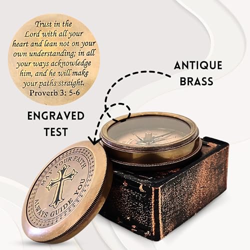 Trust in The Lord with All Your Heart - Proverbs 3:5-6 Quote Engraved Compass with Wooden Box or Leather case, Greeting Card, Gift Compass, Graduation Day Gifts 2025 for Women Men Boys Girls
