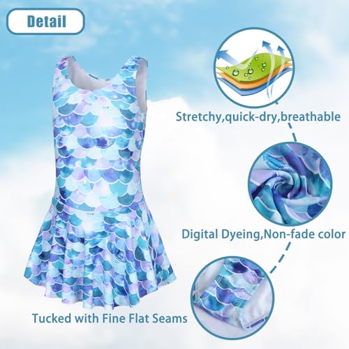 Girls Leopard One Piece Swimsuit with Skirt – Light Blue Mermaid, 12-14 Years