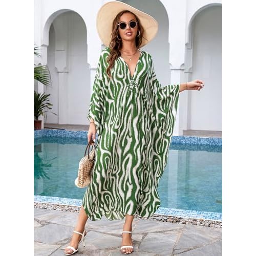 Kaftan Dresses for Women V-Neck Batwing Sleeves Swimsuit Beach Cover Ups Tie Dye Caftan Hawaiian Dress