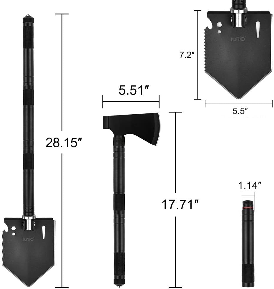 iunio Camping Shovel,Shovel Folding, Portable, Multitool, Foldable Entrenching Tool, Collapsible Spade, for Backpacking, Trenching, Hiking, Survival, Car Emergency