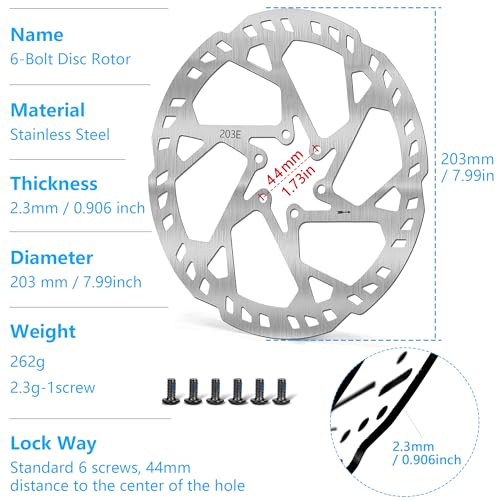 140mm 160mm 180mm 203mm Bike Disc Brake Rotor with 6 Bolts, Bicycle Brakes Stainless Steel Rotors, MTB, Thickness 2.3mm, Center Hole Distance 44mm, for E-Bike E-Scooter MTB (gray-203mm)
