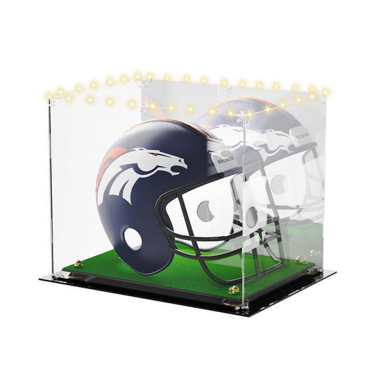 Football Helmet Display Case - Updated Full Size Acrylic Helmet Display Box for Baseball Motorcycle Hats - UV Protection Clear Showcase with Mirrored Back Turf Base & LED Tricolor Light Strip