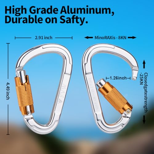 Auto Locking Rock Climbing Carabiner Clips - Silver 2 Pack Heavy Duty 25KN 5620 lbs