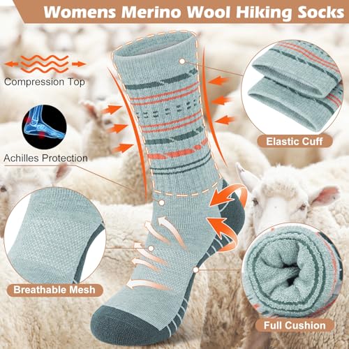 5 Pairs Womens Merino Wool Hiking Socks Winter Warm Crew Moisture Wicking Thick Cushioned Striped Boot Socks