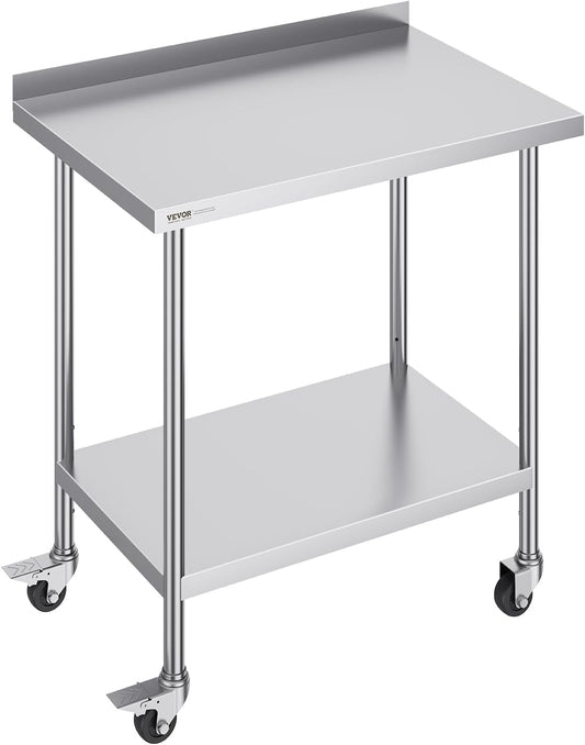 VEVOR 24 x 36 x 40 Inch Stainless Steel Work Table, Commercial Food Prep Worktable with Casters, Heavy Duty Prep Worktable, Metal Work Table with Adjustable Height for Restaurant, Home and Hotel