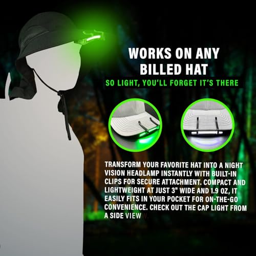 Night Vision Cap Light with Dual LED Modes - Clip-On Hat Flashlight for Camping Hunting Fishing