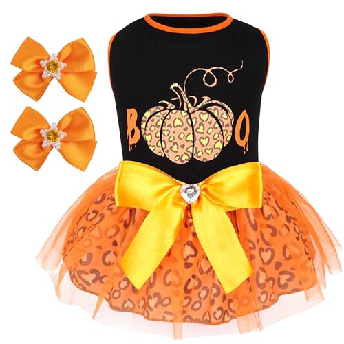 Dog Halloween Dress Pumpkin Print Tulle Outfit XX-Large with Hair Bow - Cyeollo