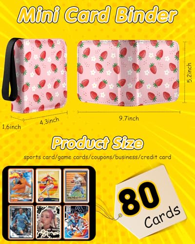Mini Size Card Binder for 80 Cards with Strawberry Design - Portable Trading Card Album for Girls Teens Kids