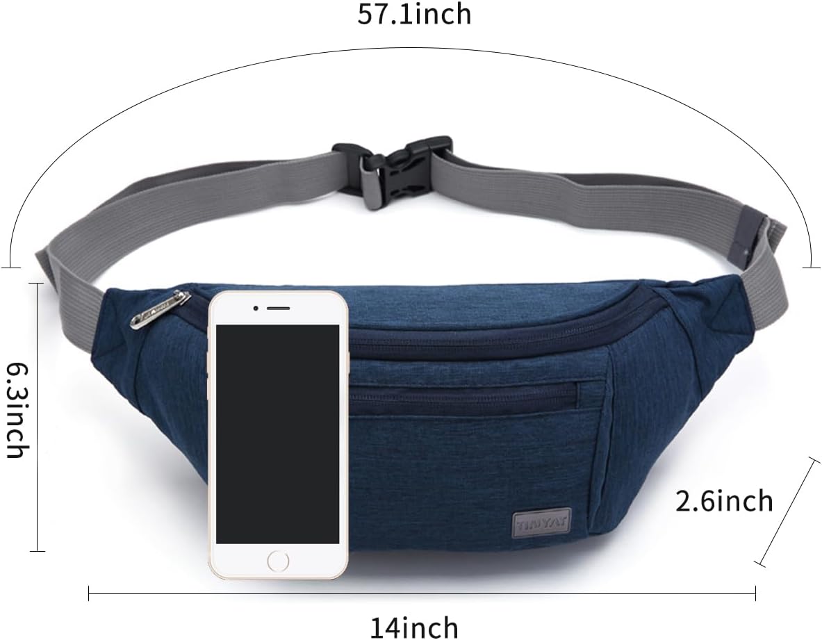 TINYAT Large Fanny Pack Travel Waist Bag Lightweight for Men&Women with Adjustable Strap T206 Blue