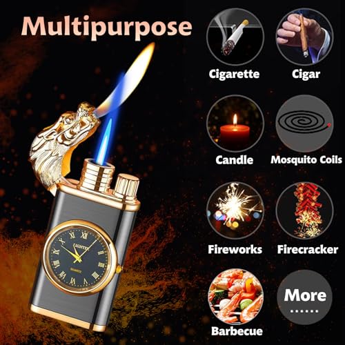 Torch Lighter, Magic Dual Flame Lighter Refillable Butane, Creative Adjustable Flame Windproof Lighter, Cool Jet Flame Butane Lighter for Men Women Friends Outdoor Candle(Without Butane)-Black-g