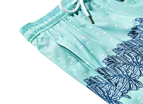 Boys Swim Trunks with Boxer Brief Liner - Blue Big Leaf, Quick Dry, 7-8 Years
