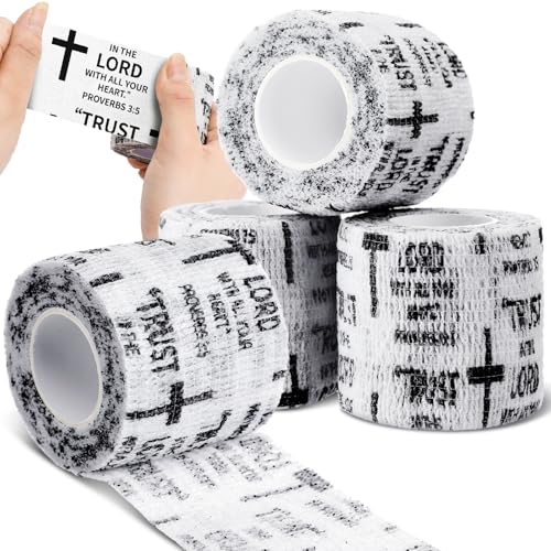 Geiserailie 4 Pcs Cross Tape Christian Athletic Tape 2 Inches x 14.8 ft Elastic Sport Wrist Wrap Jesus Self Adhesive Bandage for Baseball Soccer Football Boxing Tennis Gymnastic Sports Church Gifts