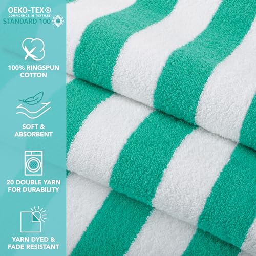 Green Beach Towel Set - Large 30x70 Inch Quick Dry Cotton Towels Pack of 4
