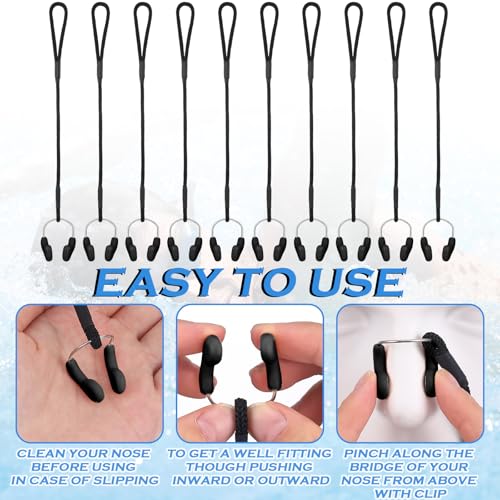 Hiboom 10 Pcs Silicone Swimming Nose Plugs with Strap - Black