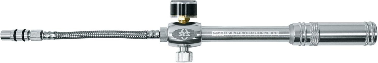 SKS GERMANY MSP Dämpferpumpe (Mountain Suspension Pump), Luftpumpe Fahrrad (Fahrradpumpe mit abschraubbarem Stahlflexschlauch, Druck max.: 20 bar / 290 PSI, Ventilanschluss: AV), Silber, 10 x 3 x 3 cm