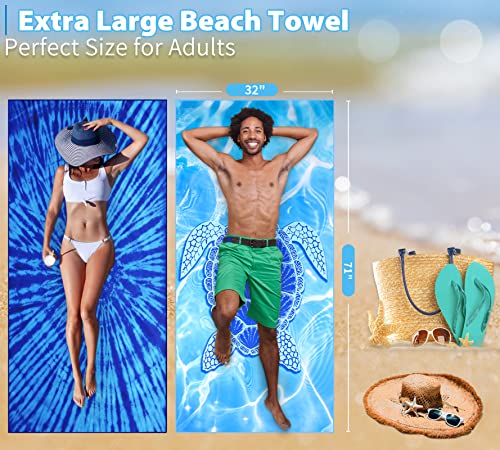 Oversized Microfiber Beach Towel 71x32 Inches - Blue 2 Pack with Carry Bag - Tie Dye Turtle Pattern