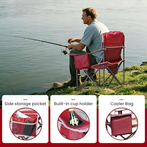 Red Oversized Camping Chair with Padded Seat 500lbs Capacity Lumbar Support