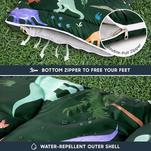 Kids Dinosaur Sleeping Bag for Camping - Dark Green, 61x26 inches
