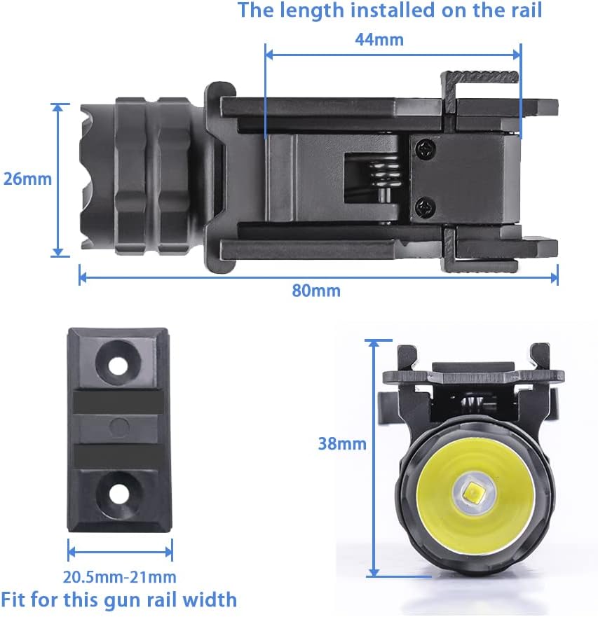 500 Lumens LED Rail Mount Tactical Gun Flashlight Pistol Light with Strobe, Quick Release for Hunting, Black