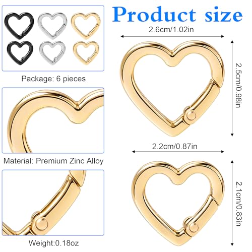 6 Pcs Heart Carabiner, Small Carabiner Keychain Clip, Cute Heart Shaped Carabiner, Key Ring for Camping Accessories, Backpack Water Bottle Zinc Alloy Accessory (Gold, Silver, Black)