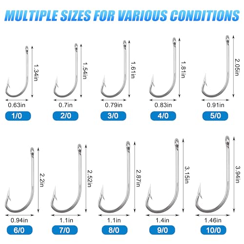 50pcs Saltwater Fishing Hooks - Forged Long Shank J Hooks Size 1/0-10/0, Extra Strong