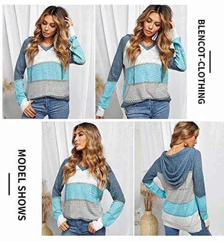 Women's Striped Crochet Fall Hoodie Sweater Large Blue Casual Knitwear
