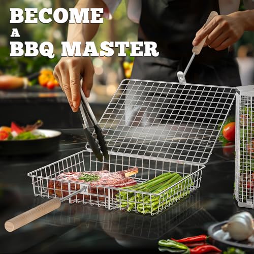 BBQ Grill Basket Set with Removable Wooden Handle, Stainless Steel Outdoor Cooking Accessories