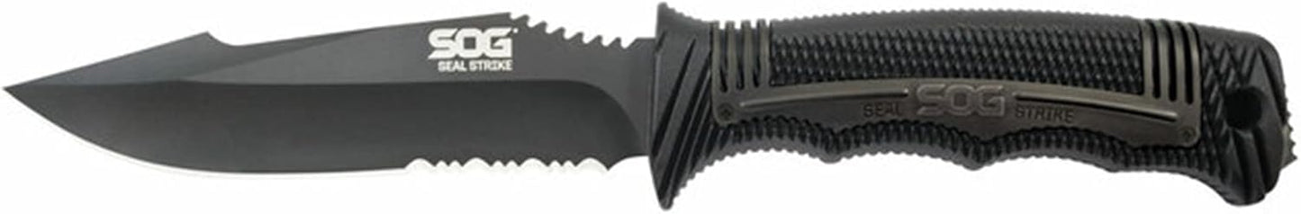 SOG Seal Strike Fixed Blade Knife with Sheath- Tactical and Hunting Knife with 4.9 Inch Partially Serrated Bowie Knife Blade and Survival Knife Line Cutter (SS1003-CP)