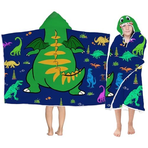 Dinosaur Hooded Beach Towel for Boys, Soft & Absorbent T-Rex Dinosaur Poncho Towel, 30¡±x50¡± Green Blue Bathrobe for Kids Cool Cartoon, Quick Dry Swim, Pool, and Bath Time