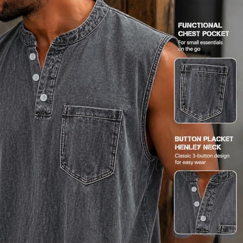 Gray Mens Tank Top Summer Casual Workout Henley Sleeveless T-Shirt XL