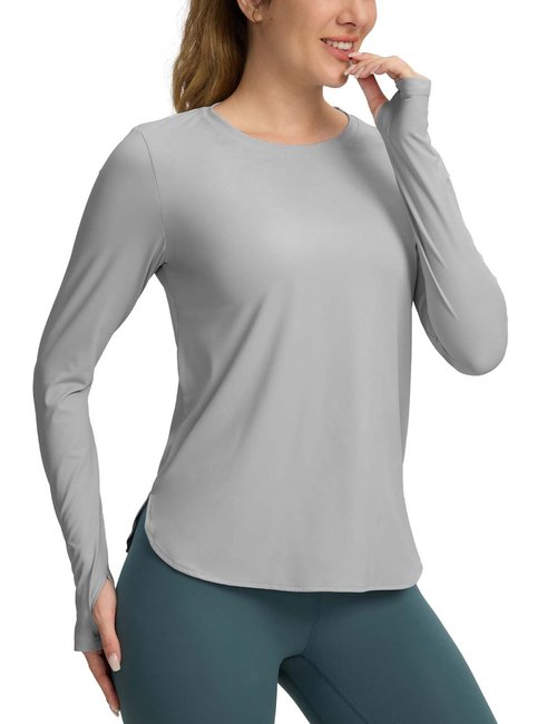 Long Sleeve Workout Tops for Women Athletic Running Shirts Active T Shirts Quick Dry Lightweight Grey M