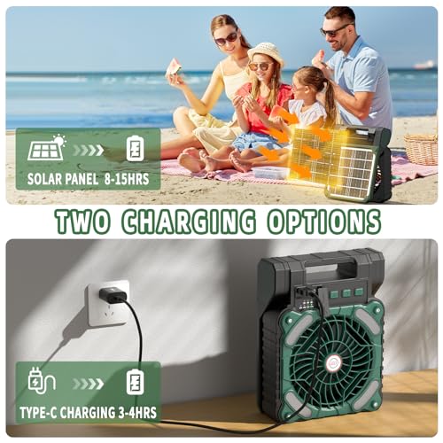 Solar Powered Portable Camping Fan,10400mAh rechargeable Solar Power Cordless Battery Fan with LED Lantern | 4 Wind Speeds Adjustable | 3 Timers Modes | Quiet , Perfect for Tent, Fishing ,Picnic