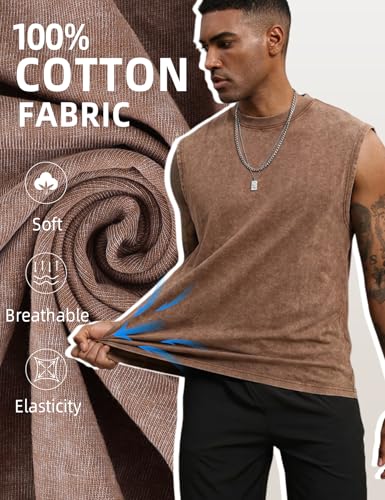 Arssm Sleeveless Cotton Tank Tops for Men - Acid Wash Muscle Workout & Running, Large / Black & Khaki & Army